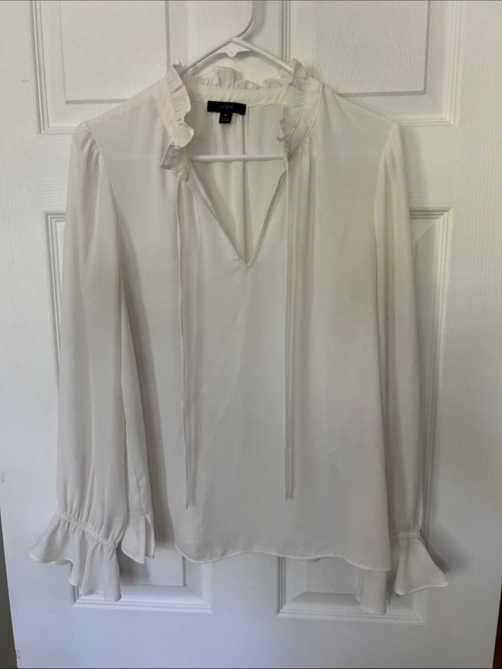 J. Crew Cream Ruffle-Trim V-Neck Tie Blouse
